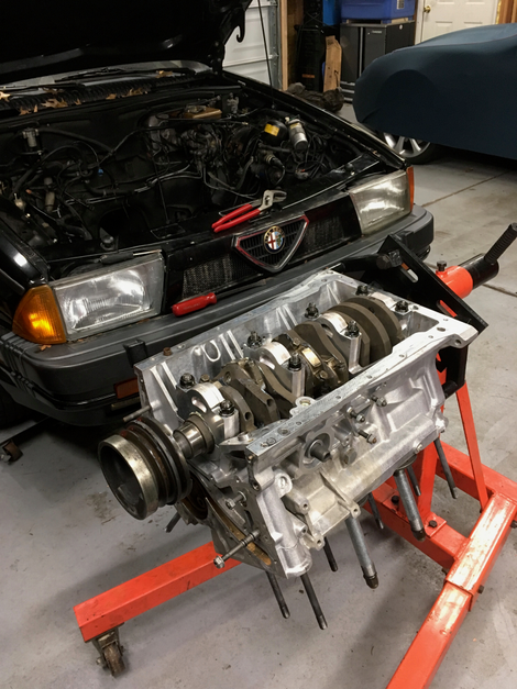 Blyth’s upside-down, in-progress engine block.